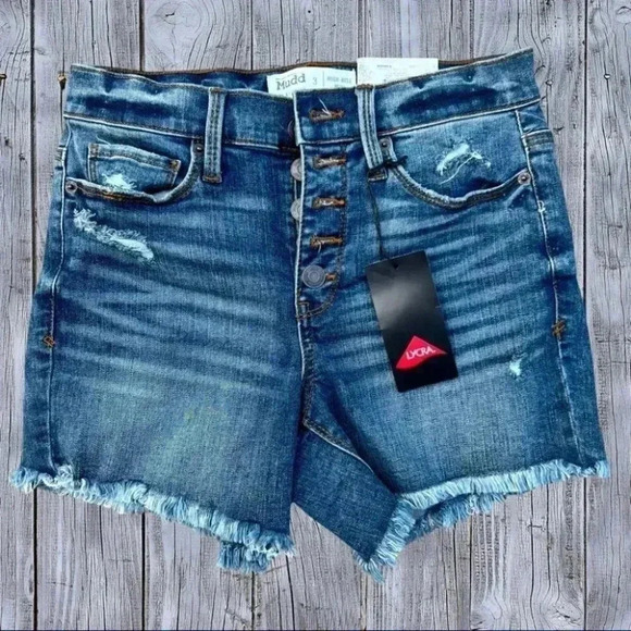 NEW MUDD High Rise MIDI - 4” Seam - Flex Stretch Fray Hem 5 button shorts - SZ 3 - Picture 11 of 13